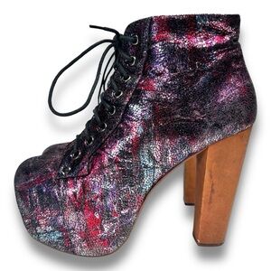Jeffrey Campbell Litas Purple Pink Metallic Shimmer Platform Lace Up Booties